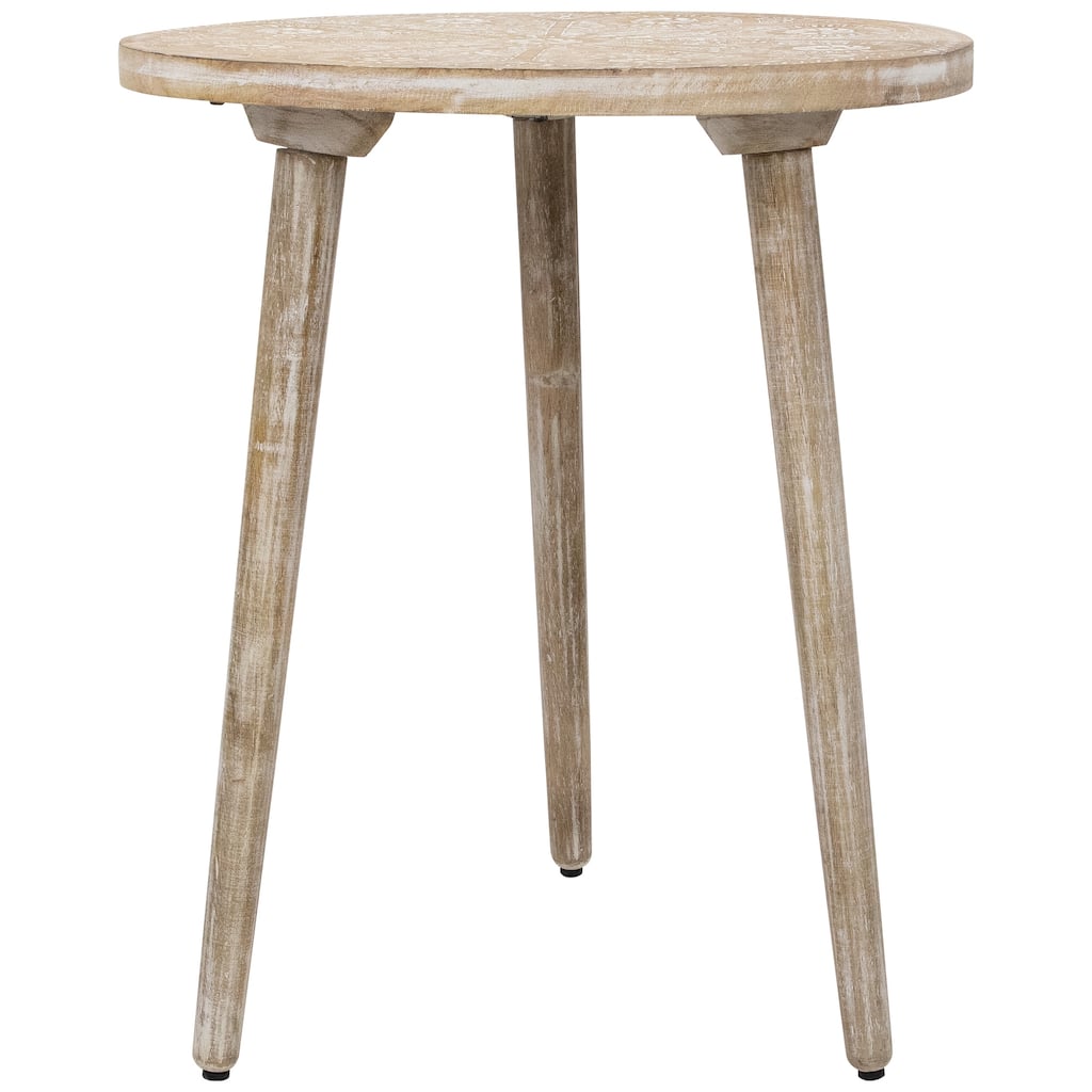 22" Brushed White Engraved Floral Round Tri Leg Wooden Side Table