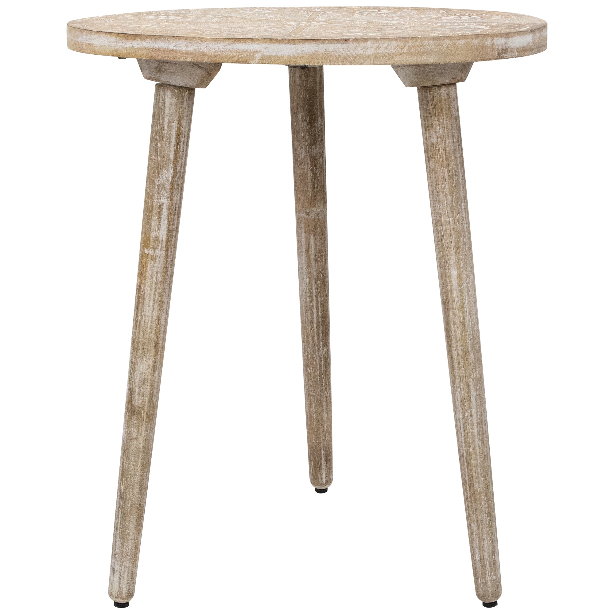 22" Brushed White Engraved Floral Round Tri Leg Wooden Side Table