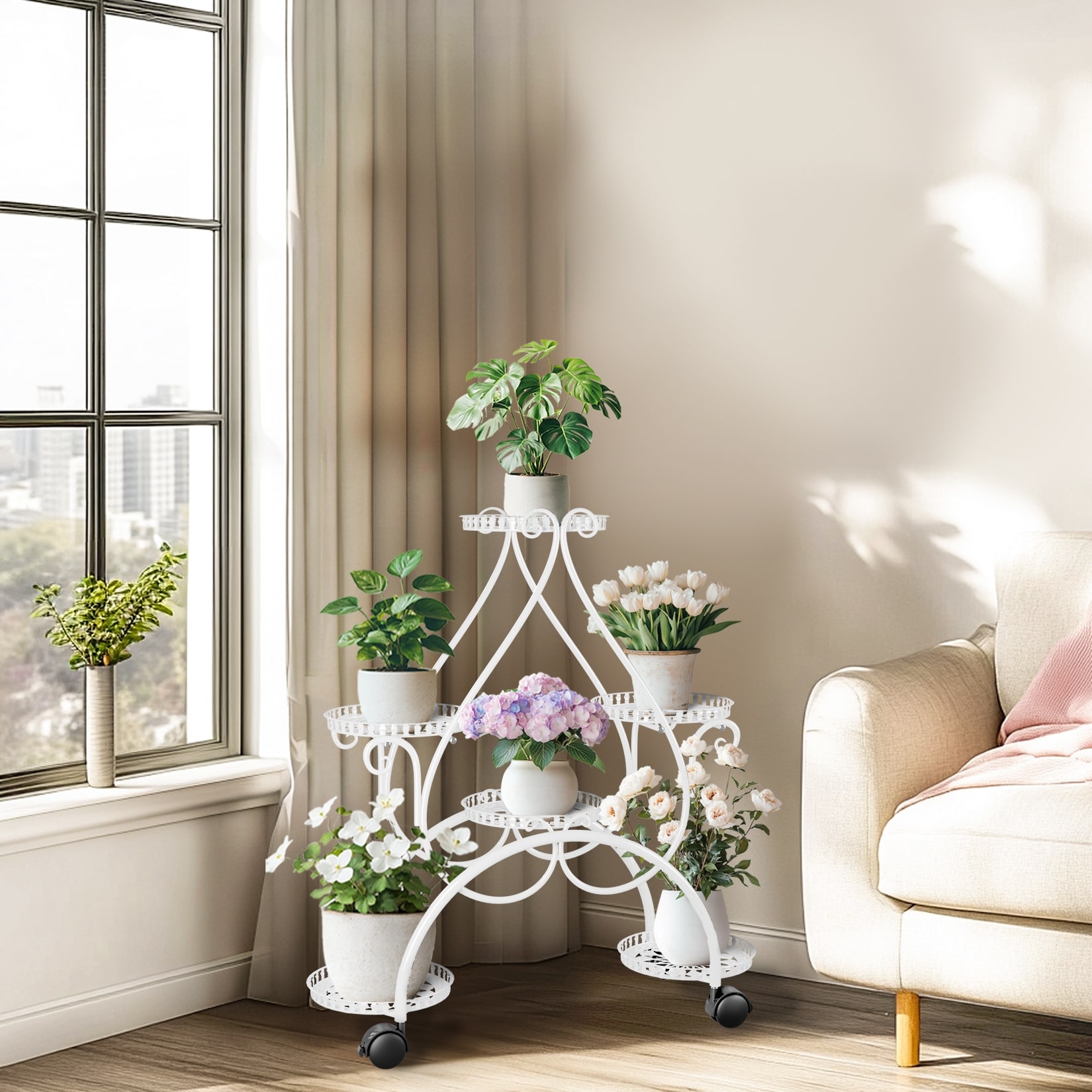 6-Potted Metal Plant Stand with Wheels Rack for Patio Porch Balcony