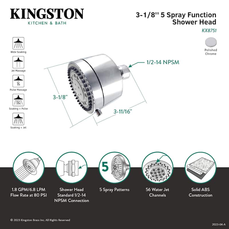 Kingston Brass Vilbosch 3" Round 5-Function ABS Shower Head