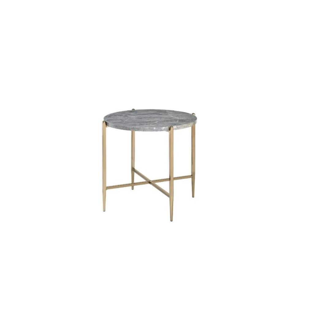 24” Round End Table with Champagne Metal Base and Light Grey Faux Marble Top for Living Room - 24" H x 26" W x 26" D