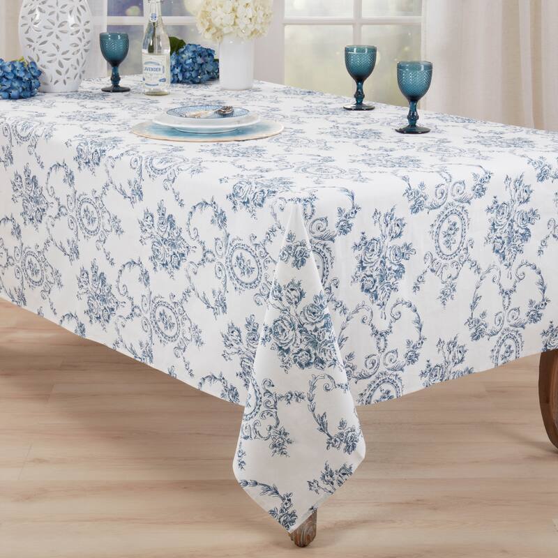 Classic Toile Floral Linen Blend Tablecloth with Traditional Scrollwork Pattern & Allover Print
