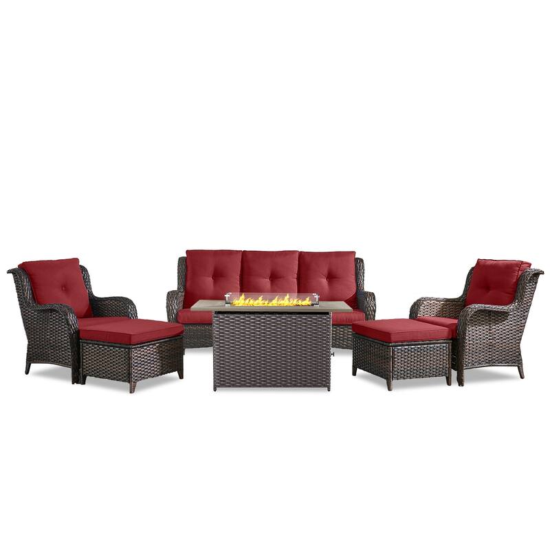 Fire Pit Table with Patio Sofa Chairs and Ottomans