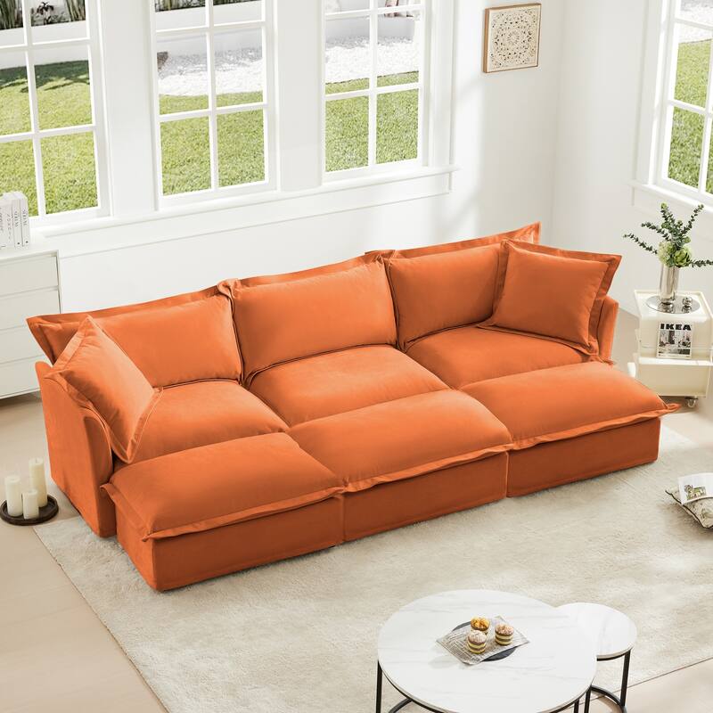 Living Room Chenille Slipcovered 3-Seater Sofa Sofa with 3 Ottomans - Orange