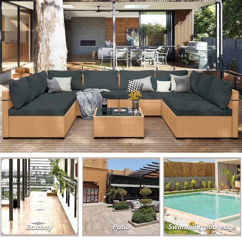 Patio Watcher Patio Conversation Set 9-Piece Yellow Wicker Sectional Seating Group with Cusions