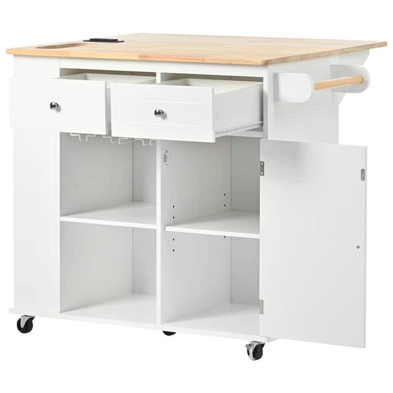 Kitchen Cart with Power Outlet,Open Storage Shelves and Wine Rack,5 Wheels,Drop Leaf and Rubber Wood