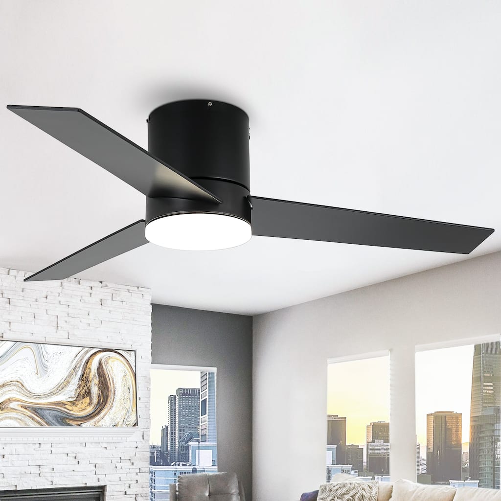 48" Matte Black Dimmable LED Flush Mount Ceiling Fan with Remote