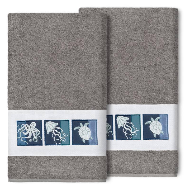 Authentic Hotel and Spa 100% Turkish Cotton Ava 2PC Embellished Bath Towel Set - Dark Gray