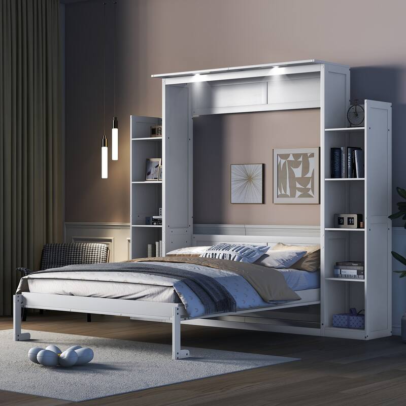 Murphy Bed with Storage and LED Lighting, Full/Queen Size Wall Bed Cabinet, Foldable Space-Saving Bed for Apartments