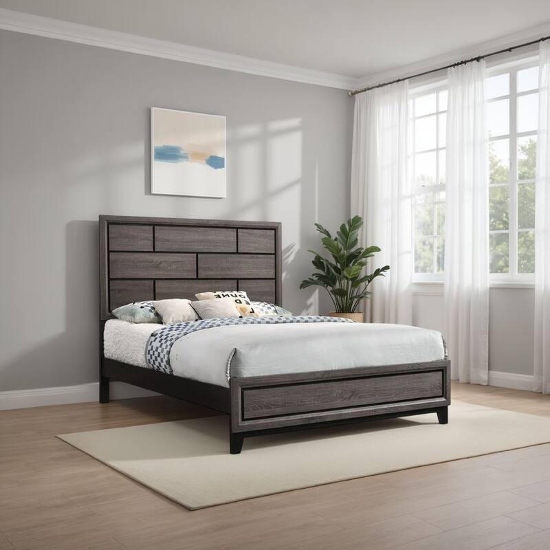 Asir Twin Size Bed, Geometric Panel Headboard, Modern Gray Wood Finish