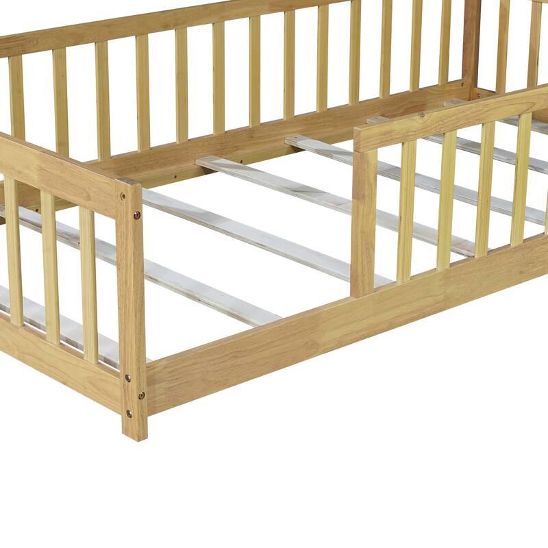 Rubber Wood Twin Size Floor Bed with Fence without Door