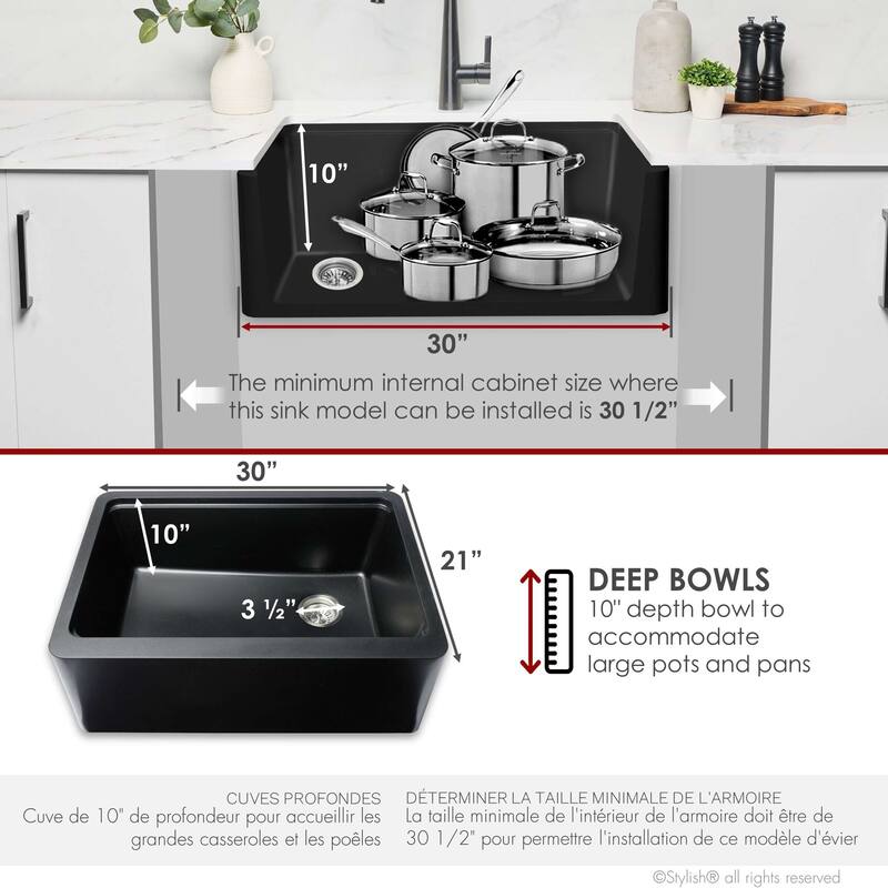 STYLISH Undermount 30" Workstation Single-Bowl Composite Granite Kitchen Sink - 30" x 21" x 10"