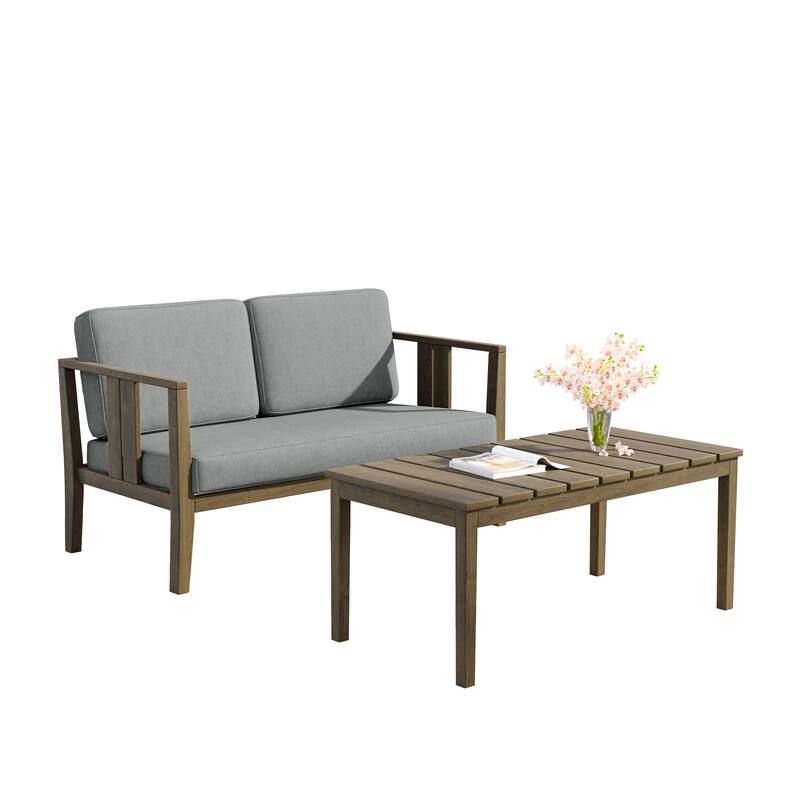 Uixe Teak Patio Loveseat with Coffee Table Outdoor Conversation Set