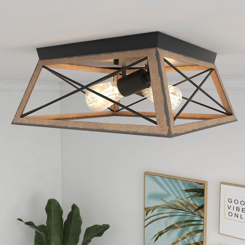 2-Light Black Metal and Wood Flush Mount