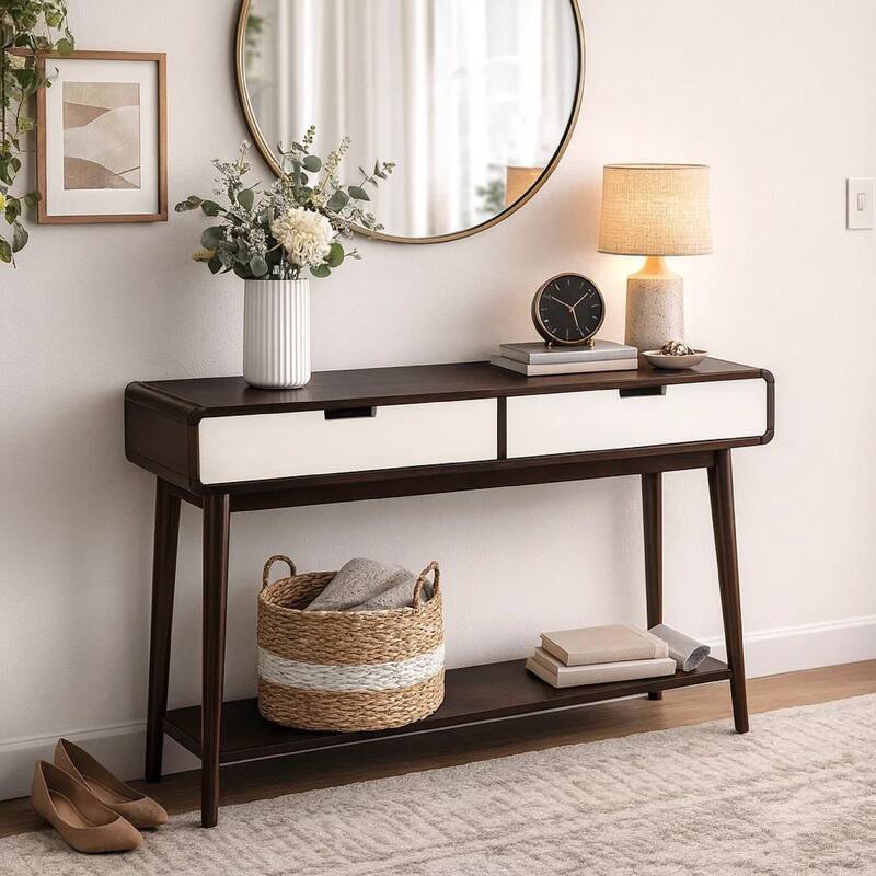 Beautiful Sofa Table With 2 Drawers, Espresso & White