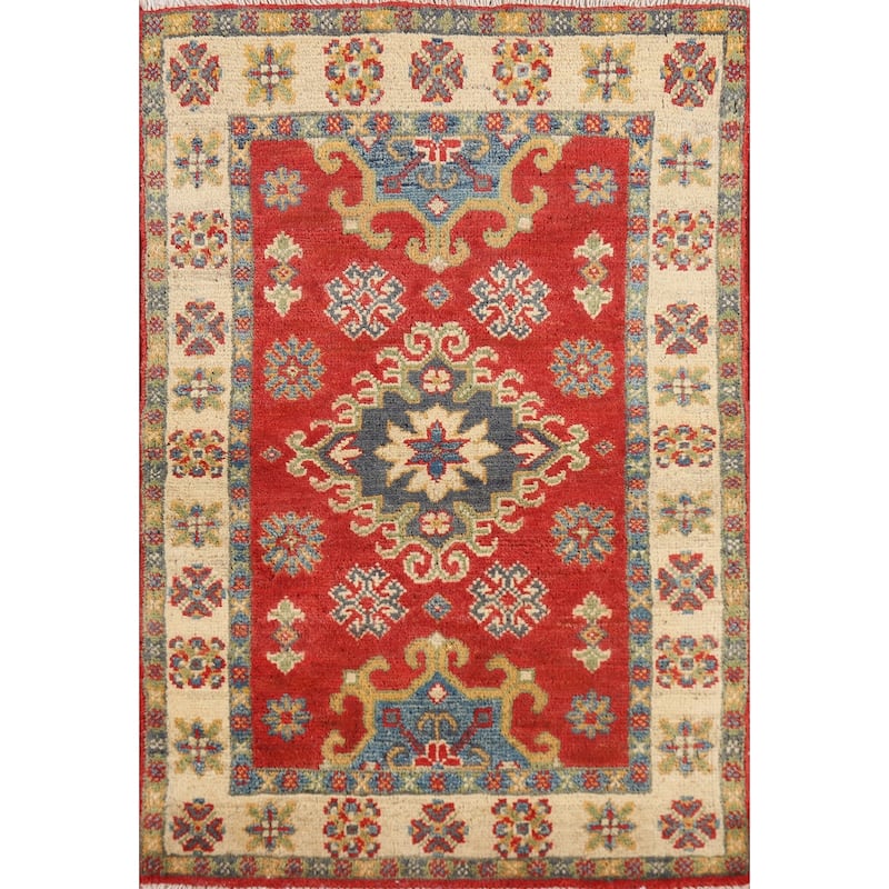 Geometric Red Kazak Oriental Foyer Rug Hand-Knotted Wool Carpet - 2'0" x 3'0"