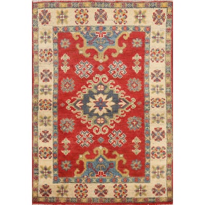 Geometric Red Kazak Oriental Foyer Rug Hand-Knotted Wool Carpet - 2'0" x 3'0"