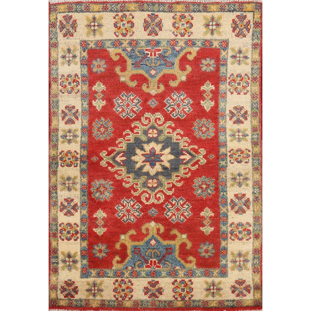 Geometric Red Kazak Oriental Foyer Rug Hand-Knotted Wool Carpet - 2'0" x 3'0"