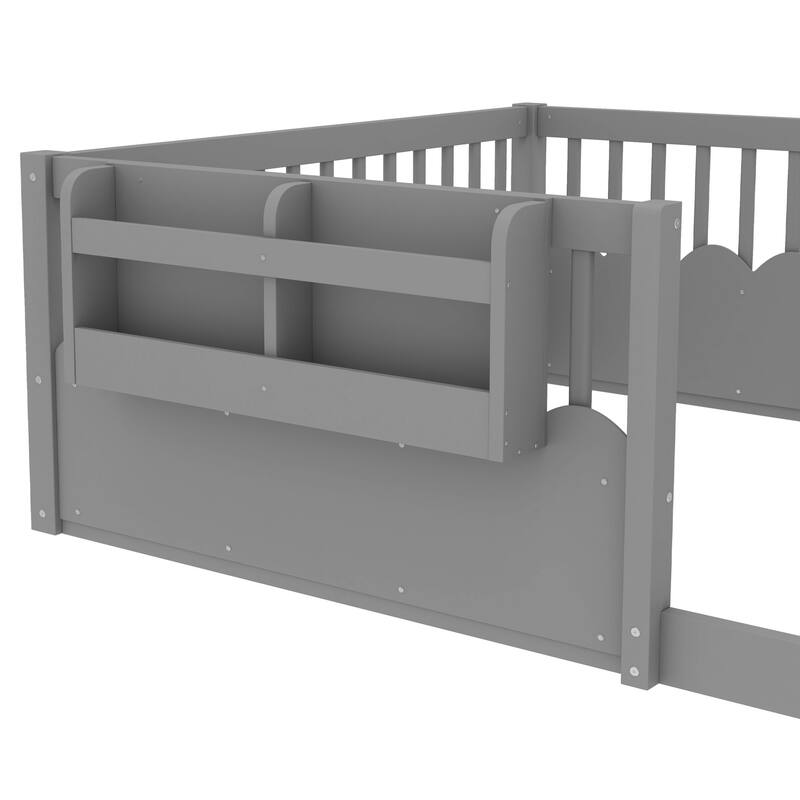 Roomfitters Floor Bed with Bookshelf and Heightened Fence, Solid Wood Frame with Guardrails