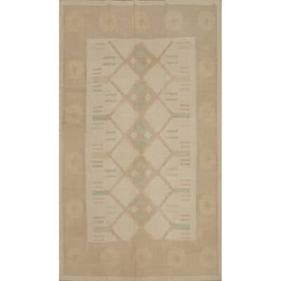 Hand Woven Oriental 100% Wool Carpet Southwestern Tribal Beige & Ivories Kilim Area Rug - 8' 9'' X 5' 8''