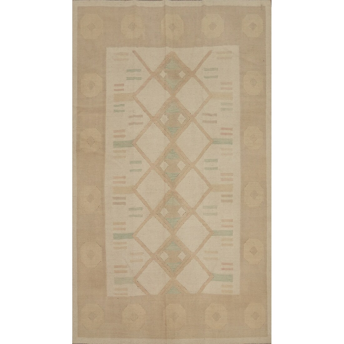 Hand Woven Oriental 100% Wool Carpet Southwestern Tribal Beige & Ivories Kilim Area Rug - 8' 9'' X 5' 8''