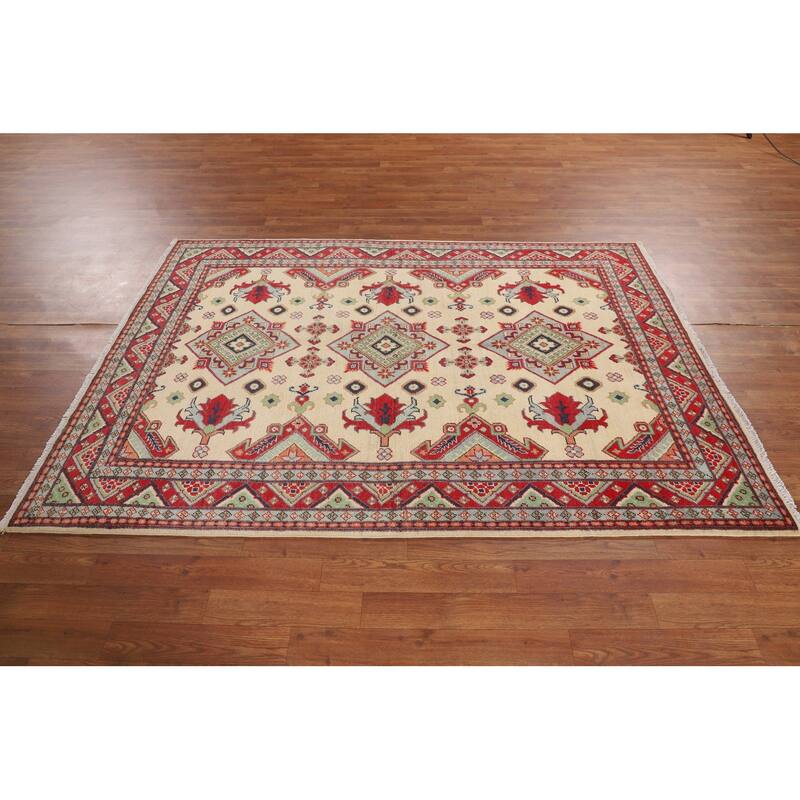 Beige Kazak Area Rug Handmade Oriental Wool Carpet - 4'9" x 6'7"
