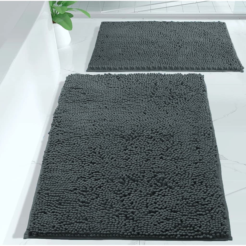 Large 2 Piece Set Charcoal Grey Soft Cozy Plush Chenille Bath Mat Bathroom Rug