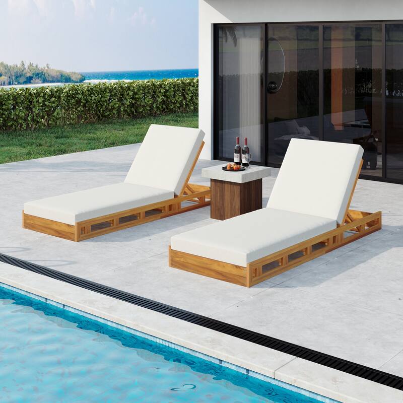 Roomfitters Outdoor Acacia Wood Chaise Lounge with 4 Inch Thick Water-Resistant Cushions Teak Finish - Cream,Teak