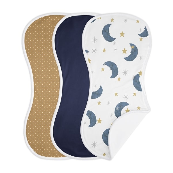slide 2 of 6, Moon and Star Absorbent Burp Cloths 3 Pack Set Navy Blue Gold Brown and White Watercolor Celestial Sky Gender Neutral Bear Owl