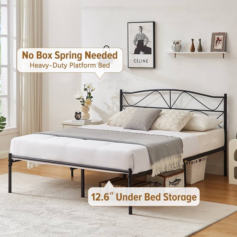 VECELO Wave Design Metal Bed Frame with 12.6" Underbed Storage High Headboard Industrial Platform Bed
