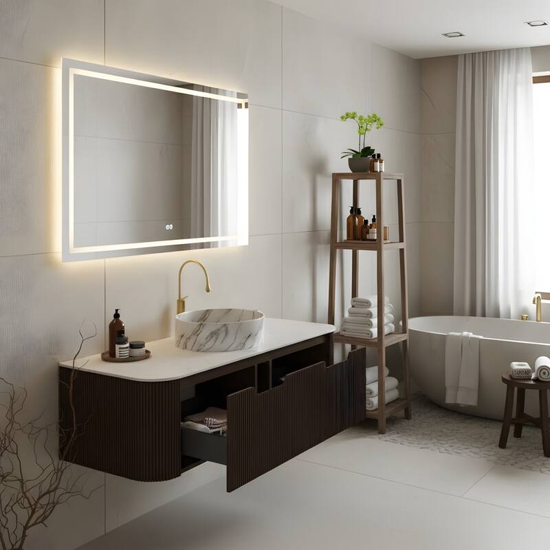 Floating Bathroom with Round Ceramic Basin and Storage Drawer