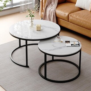 Round Nesting Coffee Table Set of 2, 27'' Sintered Stone Top with Metal ...