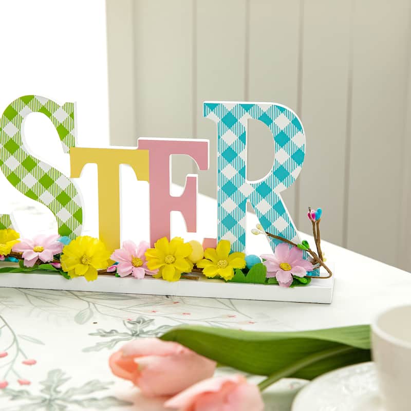Glitzhome Wooden EASTER HOP Happy Easter with Artificial Rattan Table Sign Decor Centerpiece