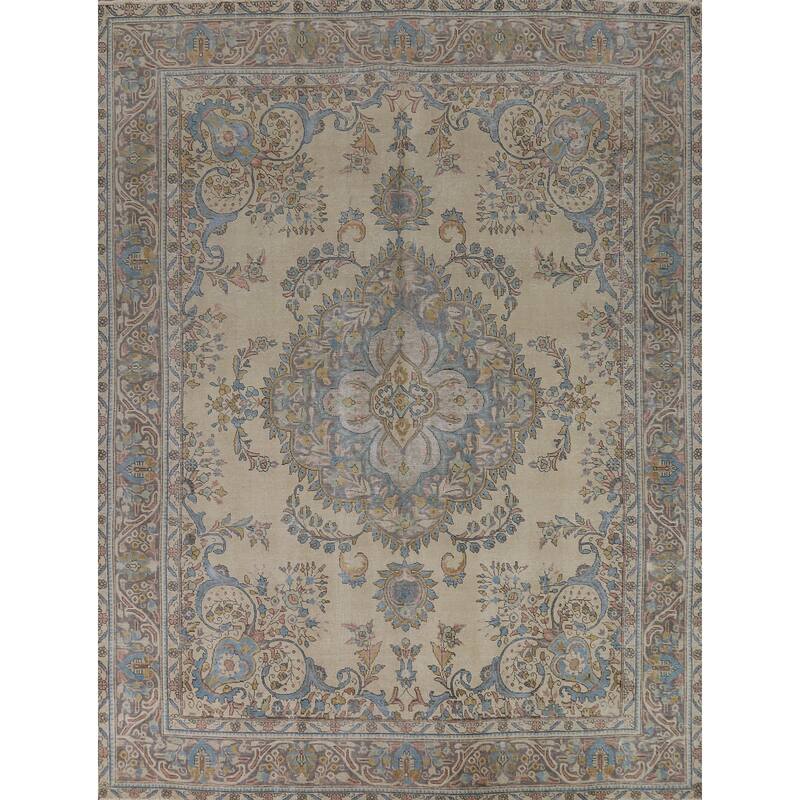 Traditional Tabriz Persian Area Rug Handmade Beige Wool Carpet - 10'0"x 12'5"