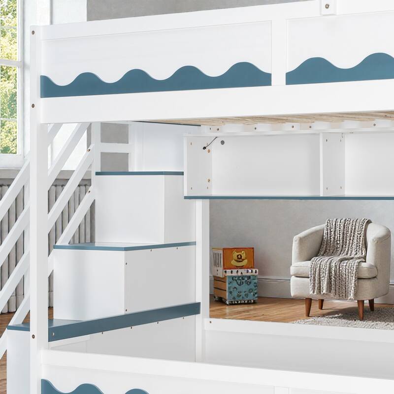 Twin Over Twin Bunk Bed with House Design, Staircase Storage Drawers and LED Lights, Kids Castle Bunk Bed