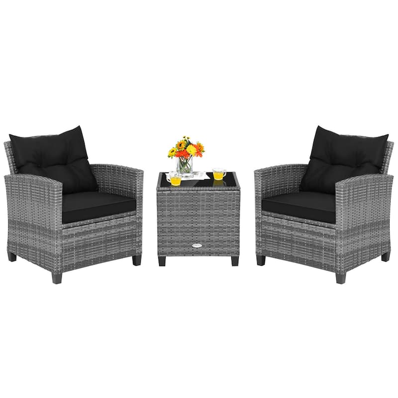 Gymax Set of 3 Rattan Furniture Bistro Set Cushioned Sofas Side Table - Black