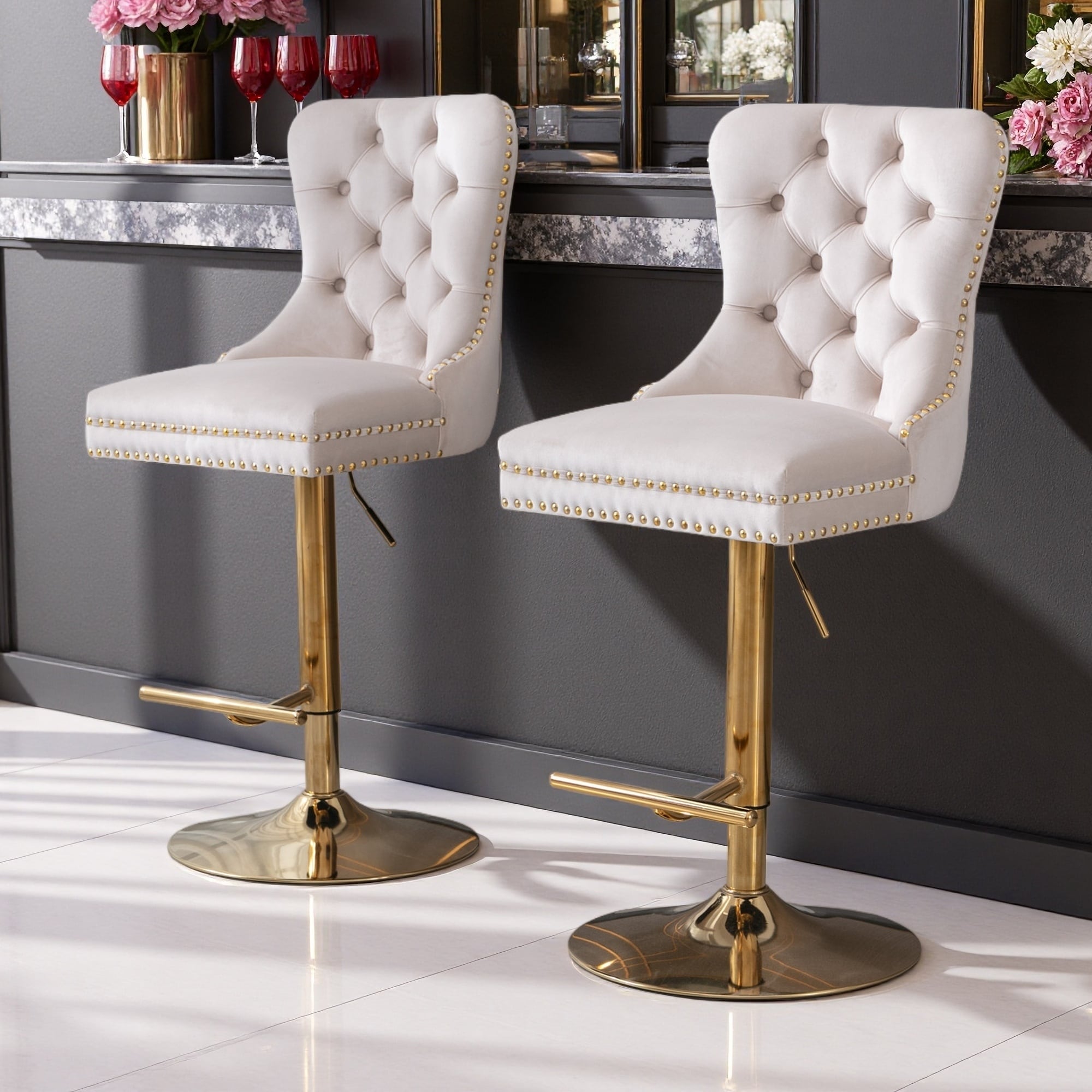 49.9"H Set of 2 Velvet Swivel Bar Stools with Tufted Back, Adjustable Height & Chrome Base