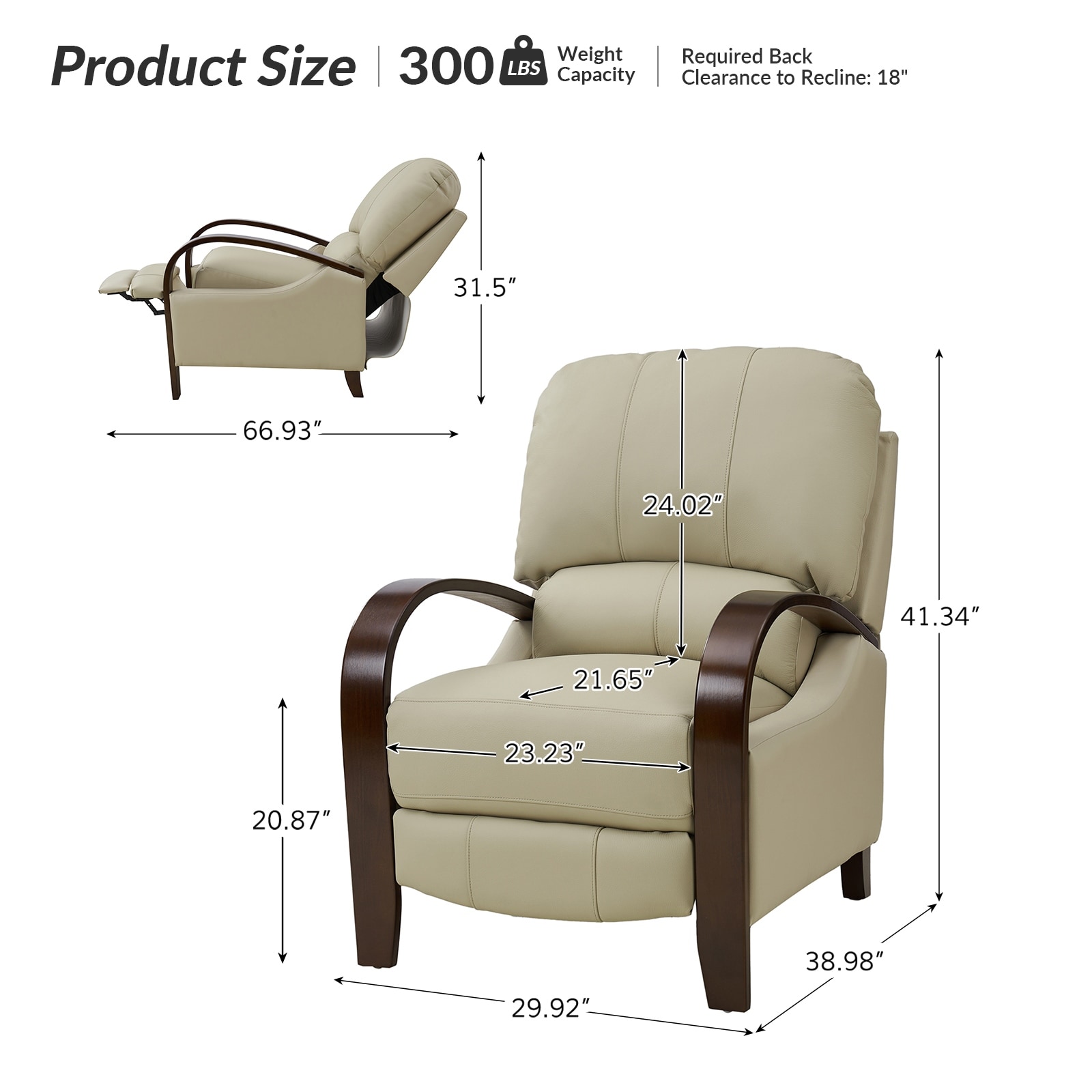 Alexandra Mid-Century Modern Genuine Leather Manual Recliner