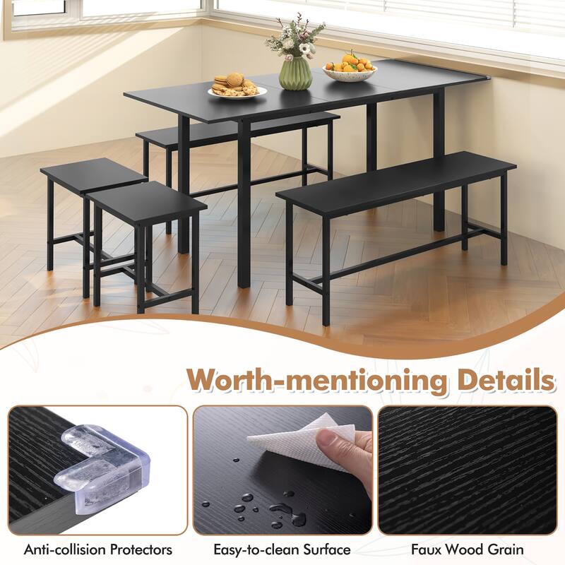 Gymax 5 PCS Dining Table Set for 4-6 w/ 2 Benches & 2 Stools Metal