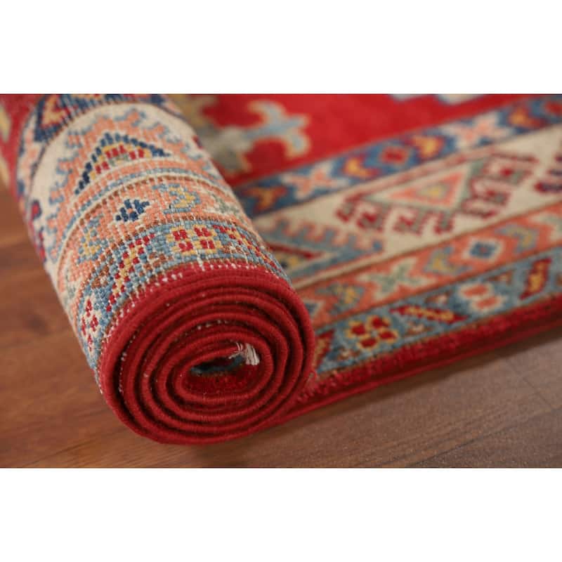 Geometric Red Kazak Oriental Runner Rug Hand-Knotted Wool Carpet - 2'7" x 9'4"