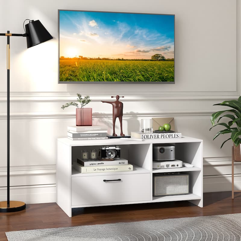 White Engineered Wood Console Table Stand with Drawer and Open Storage for 50 inches Flat Screens - 41" x 20.5" x 20.5"