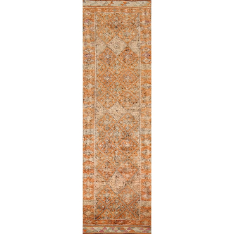 Geometric Oushak Oriental Vintage Runner Rug Handmade Wool Carpet - 2'6"x 8'0"