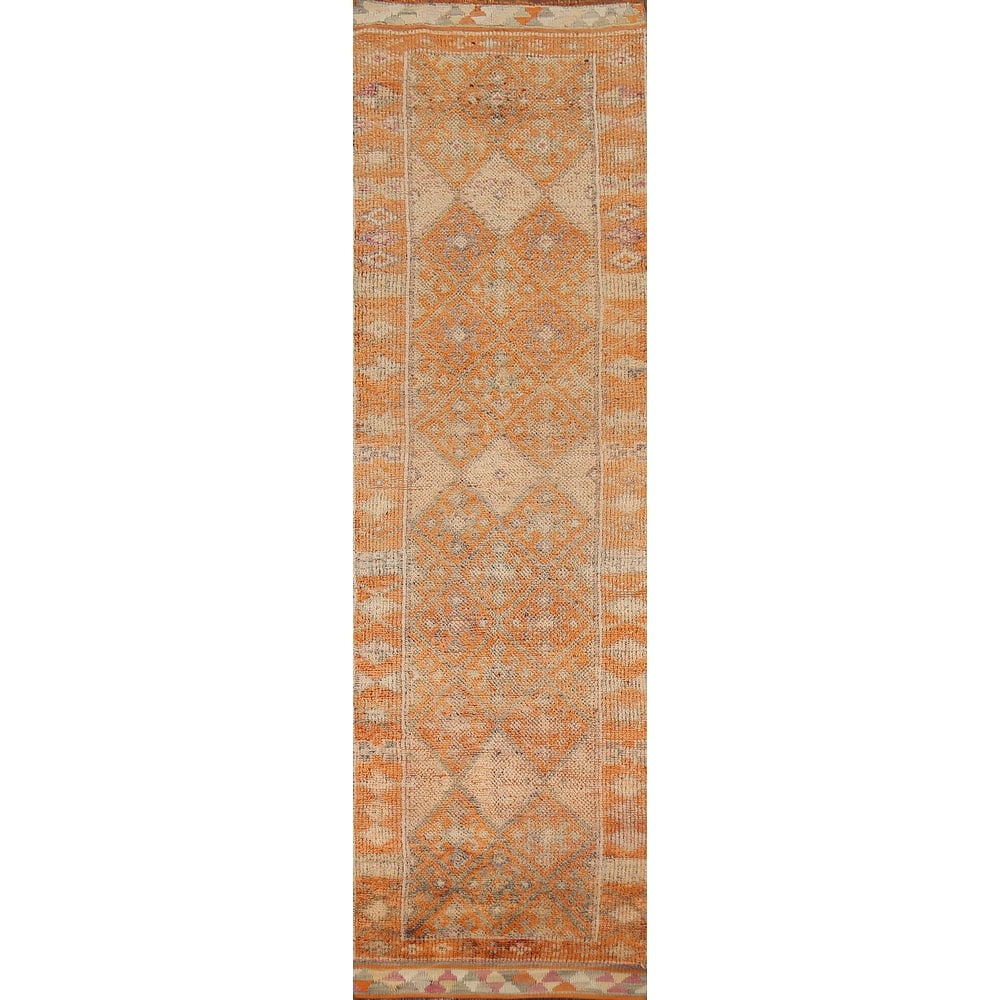 Geometric Oushak Oriental Vintage Runner Rug Handmade Wool Carpet - 2'6"x 8'0"