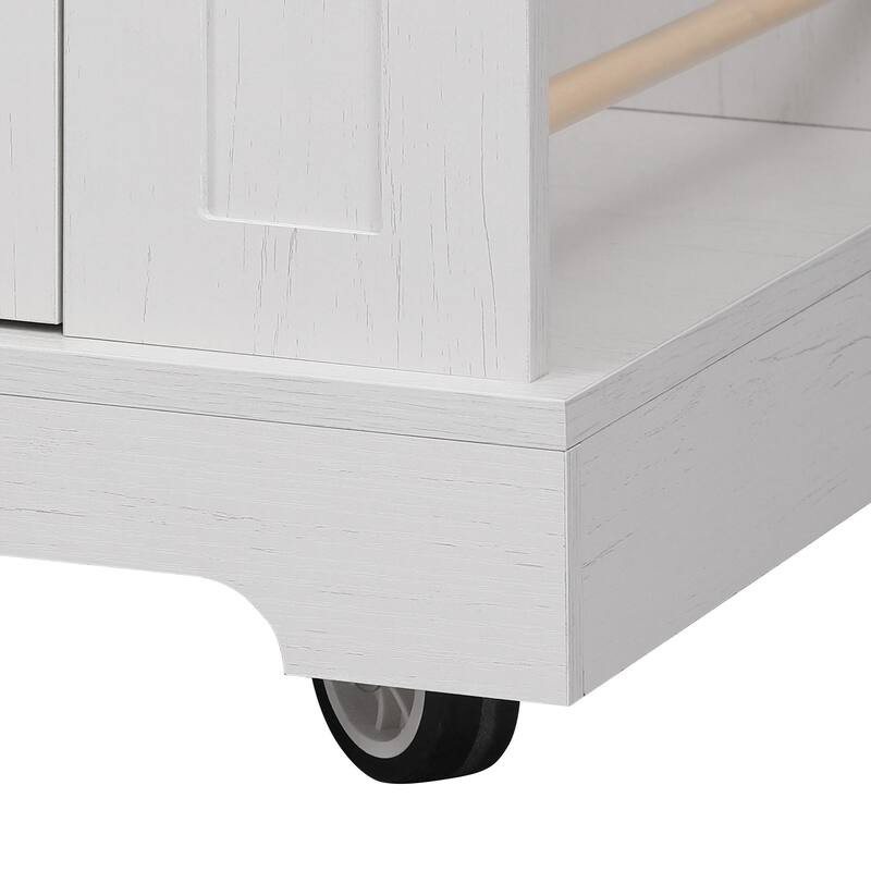 53'' Farmhouse Kitchen Island with Two Tempered Glass Cabinet Doors, Drop Leaf, 5 Open Side Racks and 3 Drawers