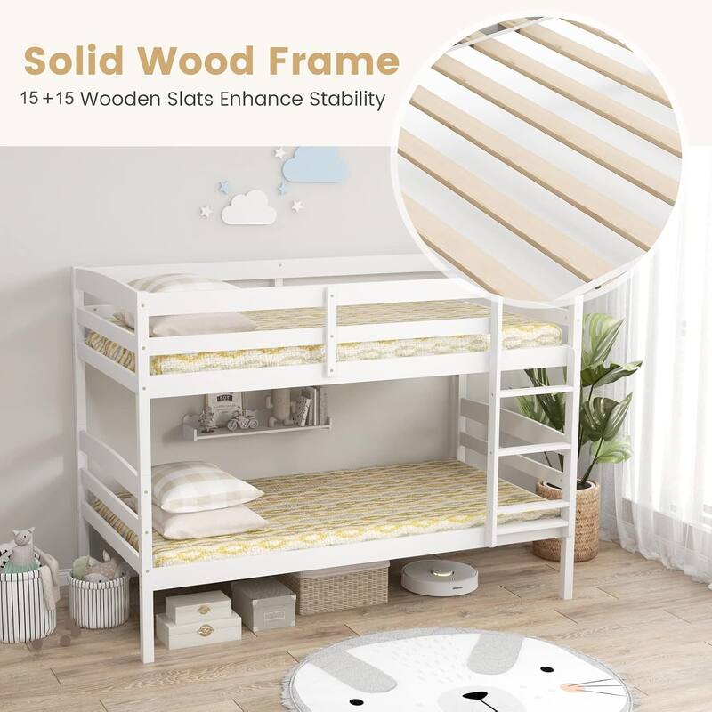 Twin Over Twin Solid Wood Bunk Bed with Detachable Frame, High Guardrails, and Integrated Ladder, No Box Spring Needed, White