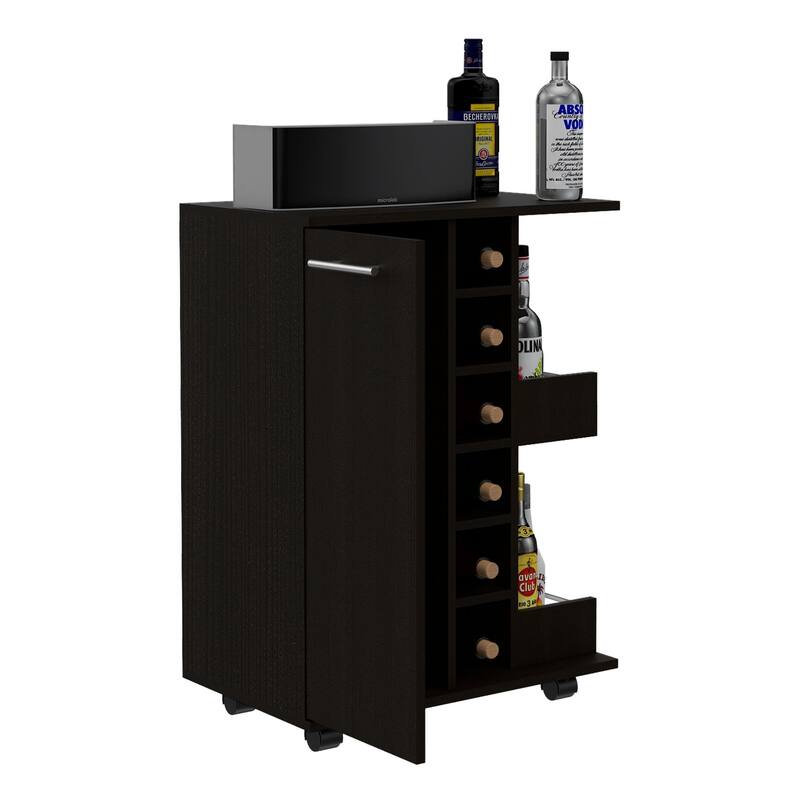 Bar Cart, Four Casters, Six Wine Cubbies, Single Door Cabinet