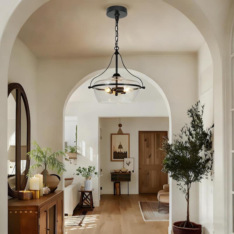 Zelena Modern Farmhouse 3-Light Black Chandelier Fishbowl-Shaped Glass Pendant Lights for Dining Room