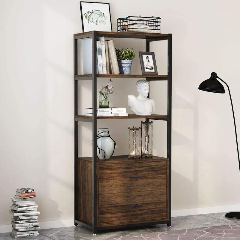 4-Tier Rustic Bookcases with 2 Drawers, Etagere Standard Book Shelves Display Shelf for Home Office