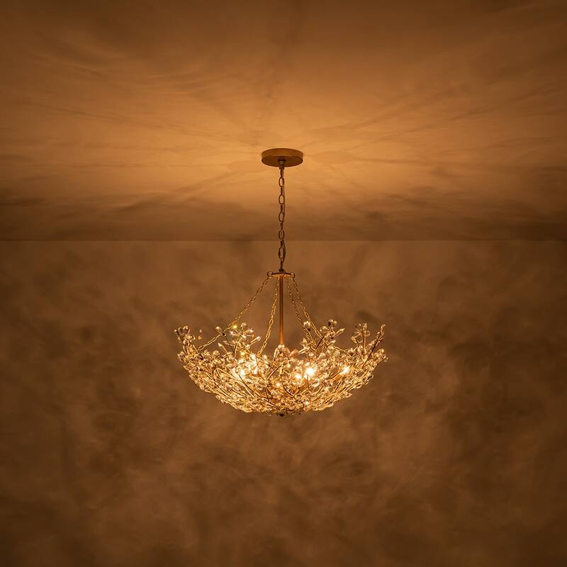 French Luxury Antique Brass Bloom Crystal Flower Chandelier - 28in