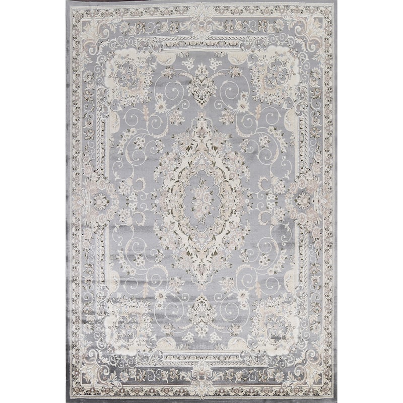 Grey Floral Medallion Transitional Turkish Rug Oriental Carpet - 9'10" x 13'1" - Grey